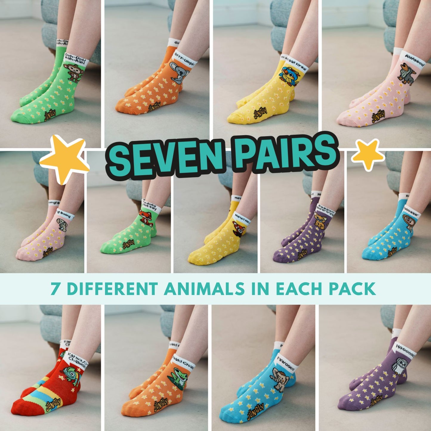 Jungly Kids Socks — 7 Colours. 7 Animals. One Fun Pair For Every Day.